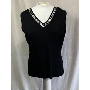 Onque Classics Womens Sleeveless Knit Top XL Black White Trim V Neck